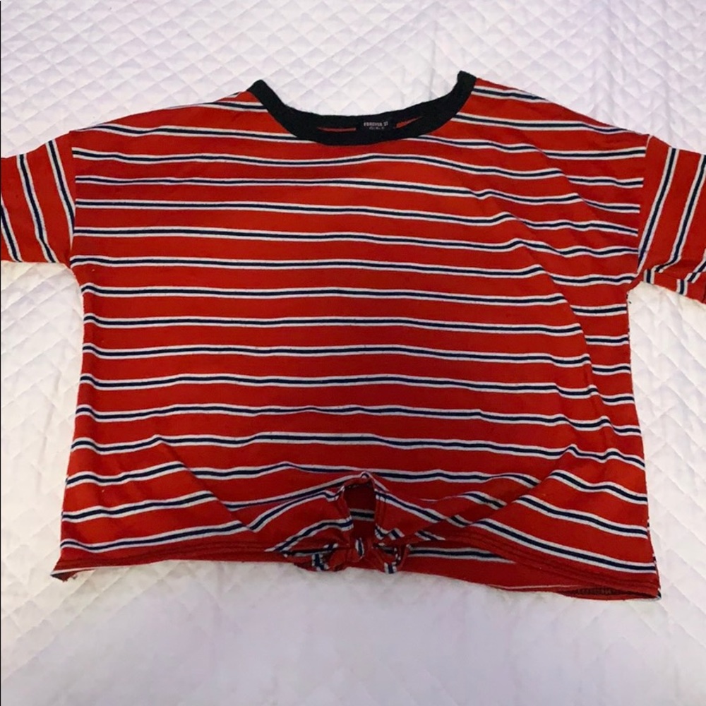 red tee with navy stripes